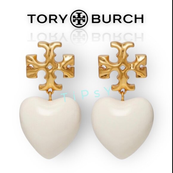Beautiful Tory Burch White and Gold Roxanne Heart Drop Earrings - Picture 2 of 4